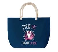 Sac de Plage Bleu avec Anse Corde J'peux Pas Licorne - Toile de Coton - Grand Sac de Transport, Sport, Courses & Travail - Idée Cadeau Original Collègue, Anniversaire ou Départ Retraite
