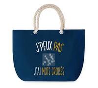 Sac de Plage Bleu avec Anse Corde J'peux Pas Mots Croisés - Toile de Coton - Grand Sac de Transport, Sport, Courses & Travail - Idée Cadeau Original Collègue, Anniversaire ou Départ Retraite