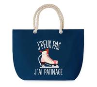Sac de Plage Bleu avec Anse Corde J'peux Pas Patinage - Toile de Coton - Grand Sac de Transport, Sport, Courses & Travail - Idée Cadeau Original Collègue, Anniversaire ou Départ Retraite