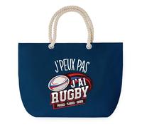 Sac de Plage Bleu avec Anse Corde J'peux Pas Rugby Pousser Plaquer - Toile de Coton - Grand Sac de Transport, Sport, Courses & Travail - Idée Cadeau Original Collègue, Anniversaire ou Départ Retraite