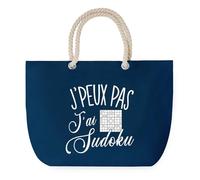 Sac de Plage Bleu avec Anse Corde J'peux Pas Sudoku - Toile de Coton - Grand Sac de Transport, Sport, Courses & Travail - Idée Cadeau Original Collègue, Anniversaire ou Départ Retraite
