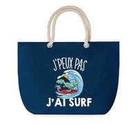 Sac de Plage Bleu avec Anse Corde J'peux Pas Surf Tyrannosaure - Toile de Coton - Grand Sac de Transport, Sport, Courses & Travail - Idée Cadeau Original Collègue, Anniversaire ou Départ Retraite