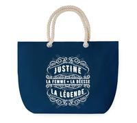 Sac de Plage Bleu avec Anse Corde Justine Déesse Légende - Toile de Coton - Grand Sac de Transport, Sport, Courses & Travail - Idée Cadeau Original Collègue, Anniversaire ou Départ Retraite