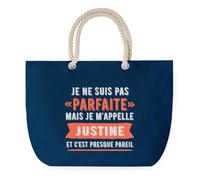 Sac de Plage Bleu avec Anse Corde Justine Parfaite - Toile de Coton - Grand Sac de Transport, Sport, Courses & Travail - Idée Cadeau Original Collègue, Anniversaire ou Départ Retraite