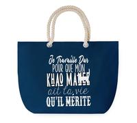 Sac de Plage Bleu avec Anse Corde Khao Manee Travailler Dur pour mon Chat - Toile de Coton - Grand Sac de Transport, Sport, Courses & Travail - Idée Cadeau Original Collègue, Anniversaire