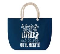 Sac de Plage Bleu avec Anse Corde Lévrier Travailler Dur pour mon Chien - Toile de Coton - Grand Sac de Transport, Sport, Courses & Travail - Idée Cadeau Original Collègue, Anniversaire
