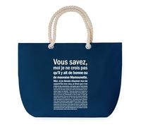 Sac de Plage Bleu avec Anse Corde Mamounette Bonne ou de Mauvaise - Toile de Coton - Grand Sac de Transport, Sport, Courses & Travail - Idée Cadeau Original Collègue, Anniversaire ou Départ Retraite