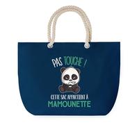 Sac de Plage Bleu avec Anse Corde Mamounette Pas Touche Panda - Toile de Coton - Grand Sac de Transport, Sport, Courses & Travail - Idée Cadeau Original Collègue, Anniversaire ou Départ Retraite