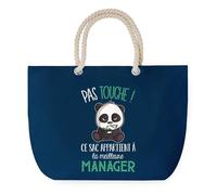 Sac de Plage Bleu avec Anse Corde Manager Pas Touche Panda - Toile de Coton - Grand Sac de Transport, Sport, Courses & Travail - Idée Cadeau Original Collègue, Anniversaire ou Départ Retraite