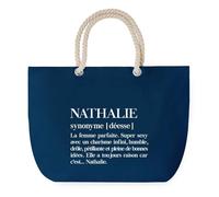 Sac de Plage Bleu avec Anse Corde Nathalie Définition - Toile de Coton - Grand Sac de Transport, Sport, Courses & Travail - Idée Cadeau Original Collègue, Anniversaire ou Départ Retraite