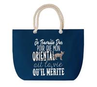 Sac de Plage Bleu avec Anse Corde Oriental Travailler Dur pour mon Chat - Toile de Coton - Grand Sac de Transport, Sport, Courses & Travail - Idée Cadeau Original Collègue, Anniversaire