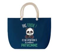 Sac de Plage Bleu avec Anse Corde Patronne Pas Touche Panda - Toile de Coton - Grand Sac de Transport, Sport, Courses & Travail - Idée Cadeau Original Collègue, Anniversaire ou Départ Retraite