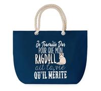 Sac de Plage Bleu avec Anse Corde Ragdoll Travailler Dur pour mon Chat - Toile de Coton - Grand Sac de Transport, Sport, Courses & Travail - Idée Cadeau Original Collègue, Anniversaire