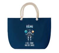 Sac de Plage Bleu avec Anse Corde Rémi Unique dans l'Univers - Toile de Coton - Grand Sac de Transport, Sport, Courses & Travail - Idée Cadeau Original Collègue, Anniversaire ou Départ Retraite