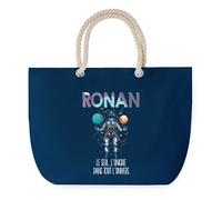 Sac de Plage Bleu avec Anse Corde Ronan Unique dans l'Univers - Toile de Coton - Grand Sac de Transport, Sport, Courses & Travail - Idée Cadeau Original Collègue, Anniversaire ou Départ Retraite