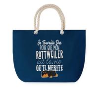 Sac de Plage Bleu avec Anse Corde Rottweiler Travailler Dur pour mon Chien - Toile de Coton - Grand Sac de Transport, Sport, Courses & Travail - Idée Cadeau Original Collègue, Anniversaire