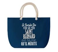 Sac de Plage Bleu avec Anse Corde Saint Bernard Travailler Dur pour mon Chien - Toile de Coton - Grand Sac de Transport, Sport, Courses & Travail - Idée Cadeau Original Collègue, Anniversaire