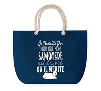 Sac de Plage Bleu avec Anse Corde Samoyède Travailler Dur pour mon Chien - Toile de Coton - Grand Sac de Transport, Sport, Courses & Travail - Idée Cadeau Original Collègue, Anniversaire