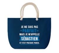 Sac de Plage Bleu avec Anse Corde Sébastien Parfait - Toile de Coton - Grand Sac de Transport, Sport, Courses & Travail - Idée Cadeau Original Collègue, Anniversaire ou Départ Retraite