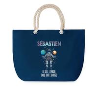 Sac de Plage Bleu avec Anse Corde Sébastien Unique dans l'Univers - Toile de Coton - Grand Sac de Transport, Sport, Courses & Travail - Idée Cadeau Original Collègue, Anniversaire ou Départ Retraite