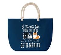 Sac de Plage Bleu avec Anse Corde Shiba Travailler Dur pour mon Chien - Toile de Coton - Grand Sac de Transport, Sport, Courses & Travail - Idée Cadeau Original Collègue, Anniversaire