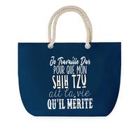 Sac de Plage Bleu avec Anse Corde Shih Tzu Travailler Dur pour mon Chien - Toile de Coton - Grand Sac de Transport, Sport, Courses & Travail - Idée Cadeau Original Collègue, Anniversaire
