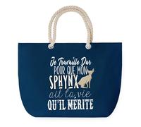 Sac de Plage Bleu avec Anse Corde Sphynx Travailler Dur pour mon Chat - Toile de Coton - Grand Sac de Transport, Sport, Courses & Travail - Idée Cadeau Original Collègue, Anniversaire