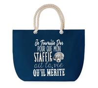 Sac de Plage Bleu avec Anse Corde Staffie Travailler Dur pour mon Chien - Toile de Coton - Grand Sac de Transport, Sport, Courses & Travail - Idée Cadeau Original Collègue, Anniversaire