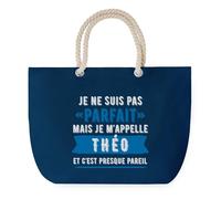 Sac de Plage Bleu avec Anse Corde Théo Parfait - Toile de Coton - Grand Sac de Transport, Sport, Courses & Travail - Idée Cadeau Original Collègue, Anniversaire ou Départ Retraite