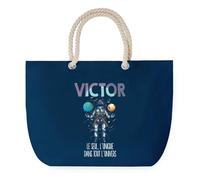 Sac de Plage Bleu avec Anse Corde Victor Unique dans l'Univers - Toile de Coton - Grand Sac de Transport, Sport, Courses & Travail - Idée Cadeau Original Collègue, Anniversaire ou Départ Retraite