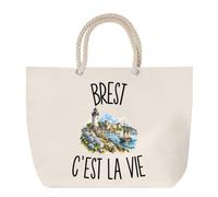 Sac de Plage Brest c’est la vie | Grand Cabas Coton à Anses en Corde 23 L | Idée Cadeau Brestois Brestoise Homme Femme Anniversaire Noël | Imprimé en Bretagne
