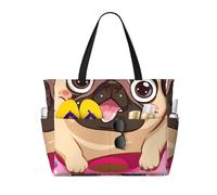 Sac de plage/cabas de plage/grand format pour femme, motif carlin et donut, avec fermeture éclair et poche imperméable. Léger et pliable, il est idéal pour les ges, les courses, la natation et le spo