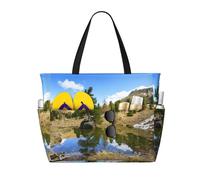 Sac de plage/cabas pour femme, grand format, avec fermeture éclair et poche étanche, motif arbre au-dessus d'un rocher se reflétant dans un lac. Léger et pliable, il est idéal pour la salle de sport,