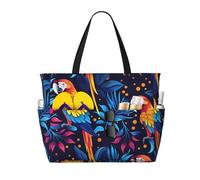 Sac de plage/cabas tropical à motif perroquets et arbres, grand format, avec fermeture éclair et poche imperméable. Léger et pliable, il est idéal pour la salle de sport, les ges, les courses, la nat