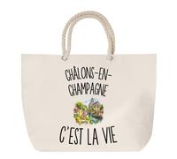 Sac de Plage Châlons-en-Champagne c’est la vie | Grand Cabas Coton à Anses en Corde 23 L | Idée Cadeau Châlonnais Châlonnaise Homme Femme Anniversaire Noël | Imprimé en Bretagne