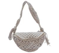 Sac de Plage Crochet Boho Coton Woven Cotton Paille Sac à bandoulière pour Femmes Macrame de Gitane d'été Style Rustique avec Fermeture à Fermeture éclair pour fête, Voyager, Date (Blanc)
