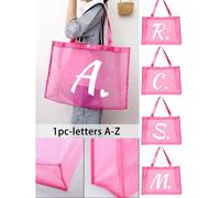 Sac de plage en maille imprimé lettres A-Z et cœurs, sac de plage pliable, grande capacité, léger, matériau en maille, transparent, convient pour les vacances à la plage et les courses, sac carré, sac