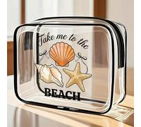 Sac de plage en PVC imperméable avec impression "Emmène-moi à la plage", décoré de coquillages et d'étoiles de mer. Sac cosmétique en PVC, pochette de rangement de voyage en PVC avec fermeture éclair,
