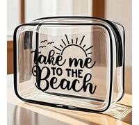 Sac de plage en PVC imperméable avec impression "Emmène-moi à la plage", sac cosmétique en PVC, trousse de voyage zippée en PVC - sac à maquillage et de toilette léger résistant à la décoloration, con