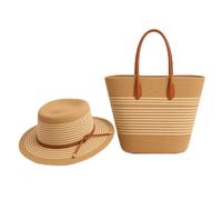 Sac de plage en raphia en paille et chapeau 2 pièces | Design tissé rayé, bordure en similicuir, chapeau de soleil inclus, plage et vacances, ensemble assorti