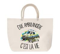 Sac de Plage Être ambulancière c'est la vie | Grand Cabas Coton à Anses en Corde 23 L | Idée Cadeau Professionnel et Professionnelle de Santé Homme Femme Anniversaire Noël | Imprimé en Bretagne
