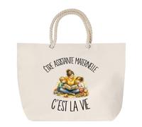Sac de Plage Être Assistante Maternelle C'est La Vie | Grand Sac Cabas Coton Anses en Corde | Idée Cadeau Femme Homme Anniversaire Noël | Imprimé en Bretagne