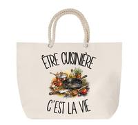 Sac de Plage Être cuisinière c'est la vie | Grand Cabas Coton à Anses en Corde 23 L | Idée Cadeau Métier de la Restauration Homme Femme Anniversaire Noël | Imprimé en Bretagne