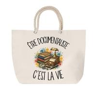 Sac de Plage Être documentaliste c'est la vie | Grand Cabas Coton à Anses en Corde 23 L | Idée Cadeau Métier du Livre Homme Femme Anniversaire Noël | Imprimé en Bretagne
