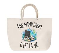 Sac de Plage Être manip radio c'est la vie | Grand Cabas Coton à Anses en Corde 23 L | Idée Cadeau Professionnel et Professionnelle de Santé Homme Femme Anniversaire Noël | Imprimé en Bretagne