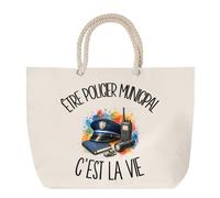 Sac de Plage Être policier municipal c'est la vie | Grand Cabas Coton à Anses en Corde 23 L | Idée Cadeau Agent de la Force Publique Homme Femme Anniversaire Noël | Imprimé en Bretagne