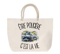 Sac de Plage Être policière c'est la vie | Grand Cabas Coton à Anses en Corde 23 L | Idée Cadeau Agent de la Force Publique Homme Femme Anniversaire Noël | Imprimé en Bretagne