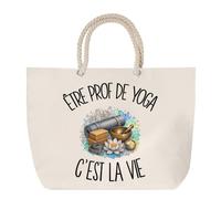 Sac de Plage Être prof de yoga c'est la vie | Grand Cabas Coton à Anses en Corde 23 L | Idée Cadeau Professeur de Bien-être Homme Femme Anniversaire Noël | Imprimé en Bretagne