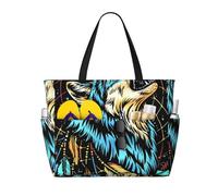 Sac de plage fourre-tout grand format avec motif attrape-rêves de loup et plumes spirituelles, fermeture éclair et poche imperméable. Léger et pliable, il est idéal pour la salle de sport, les ges, l