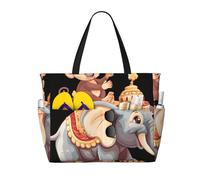 Sac de plage fourre-tout grand format pour femme, orné d'un adorable singe et d'un éléphant, avec fermeture éclair et poche imperméable. Léger et pliable, il est idéal pour les ges, les courses, la n